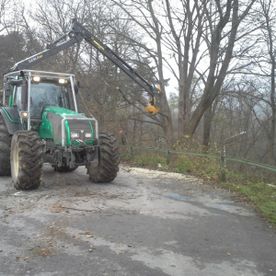 Traktor mit Schneidemaschine schneidet Äste am Waldweg