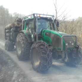Grüner Traktor auf Feldweg