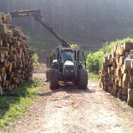 Fahrzeug stapelt Baumstämme aufeinander